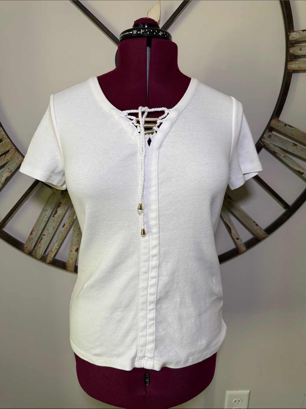 Rafaella White Lace-Up Short Sleeve Top